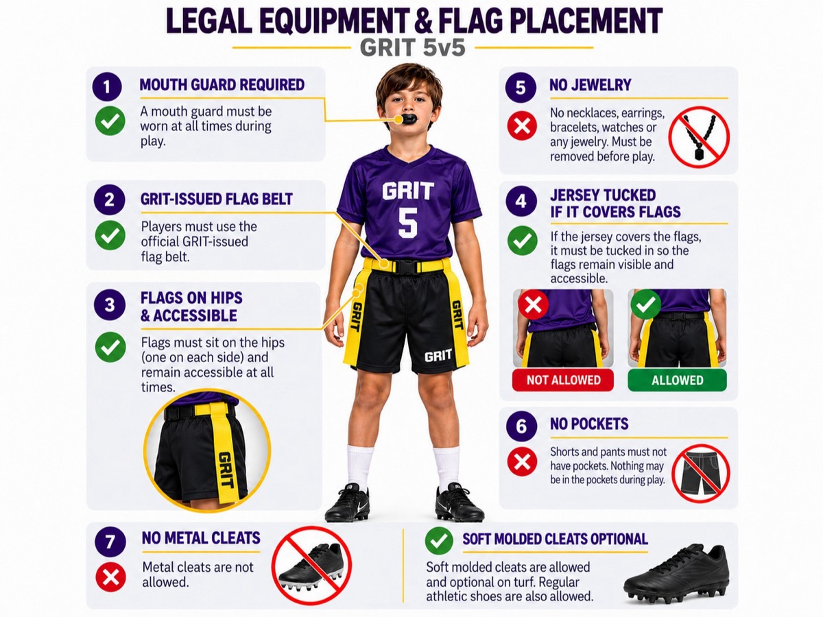 Legal equipment and flag placement, GRIT 5v5: mouth guard required, GRIT-issued flag belt, flags on hips and accessible, jersey tucked if it covers flags, no jewelry, no pockets, no metal cleats; soft molded cleats optional.
